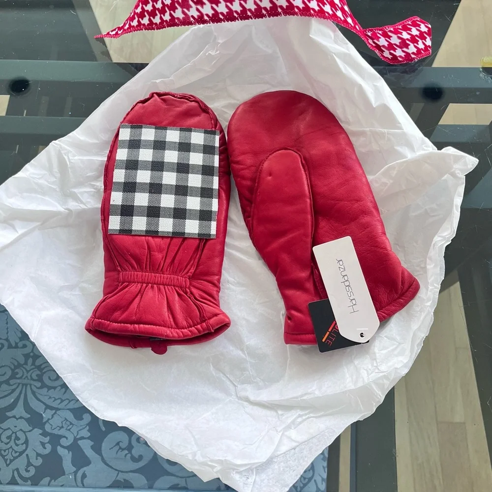 Red Leather Mittens With Check Detail